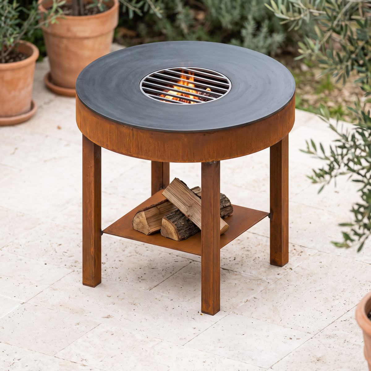 Brasero barbacoa de acero corten de 80 cm con plancha, vista general