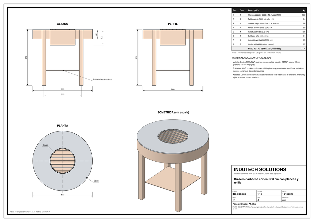 Plano con cotas: Brasero-barbacoa de acero corten Ø80 cm con plancha