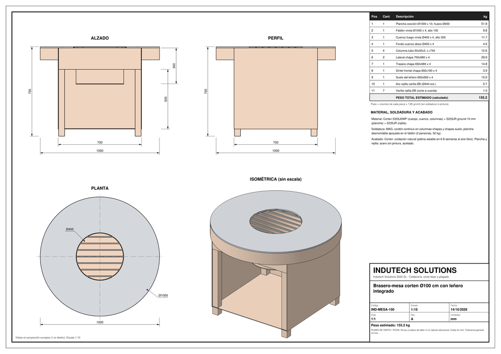 Plano con cotas: Brasero-mesa de acero corten Ø100 cm con leñero
