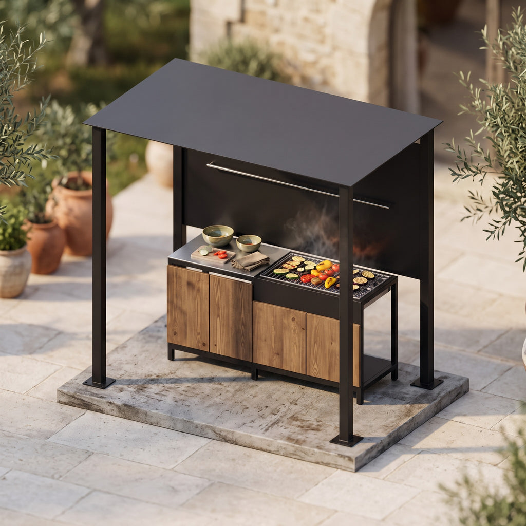 Cocina-barbacoa de exterior de acero con pérgola y parrilla encendida en un patio