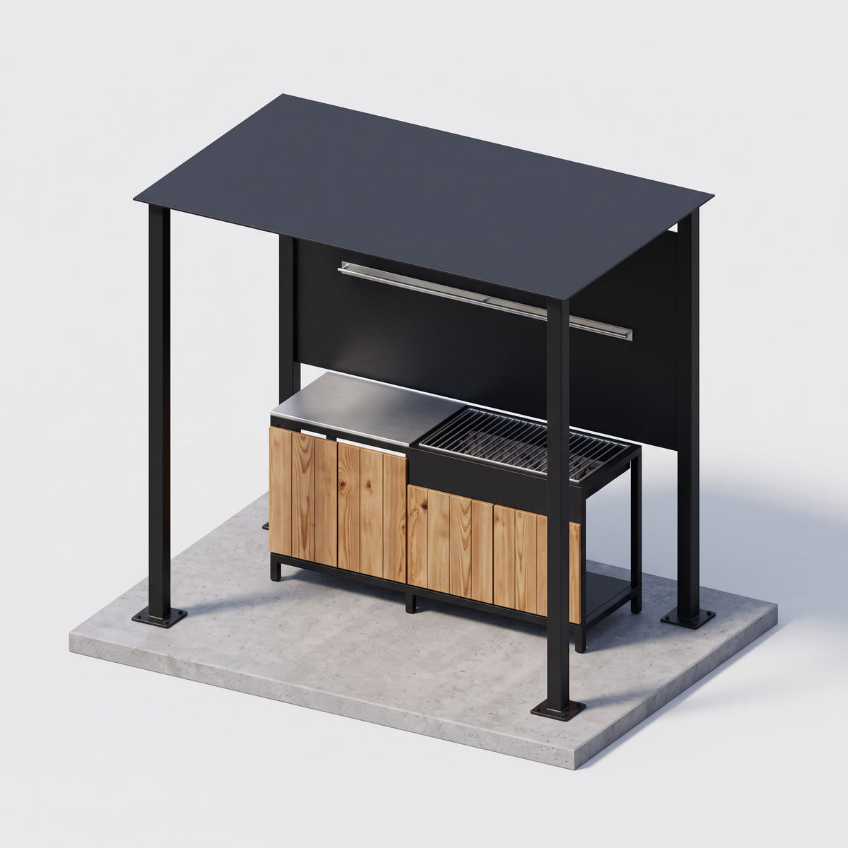 Detalle de la encimera de acero inoxidable y la parrilla de la cocina de exterior