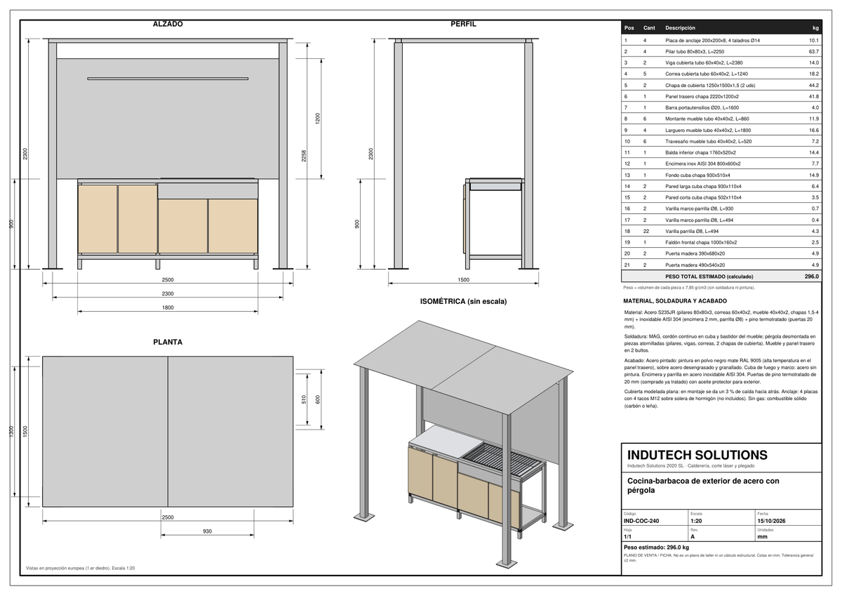 Plano con cotas: cocina-barbacoa de exterior con pérgola