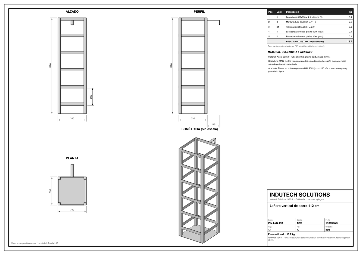 Plano con cotas: Leñero vertical de acero 112 cm