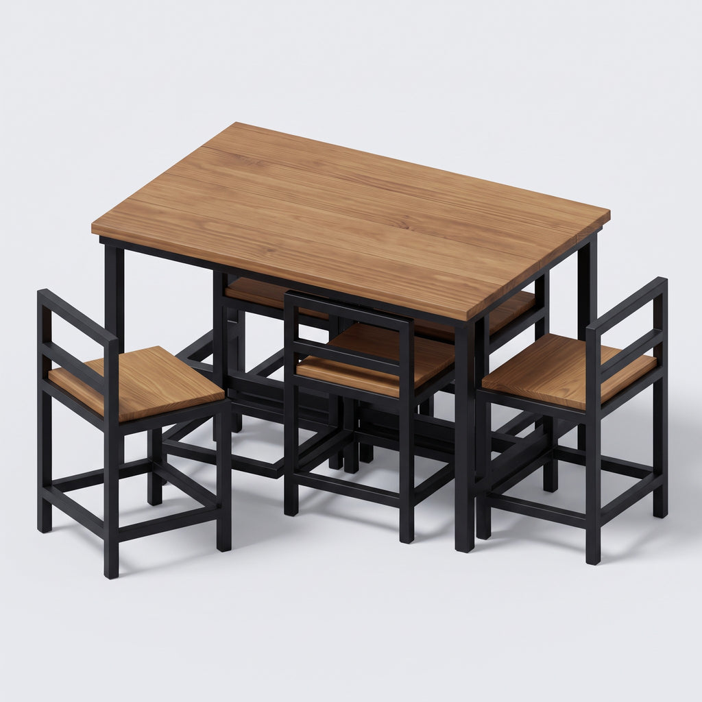 Las cuatro sillas cúbicas de acero y madera junto a la mesa, listas para guardarse debajo