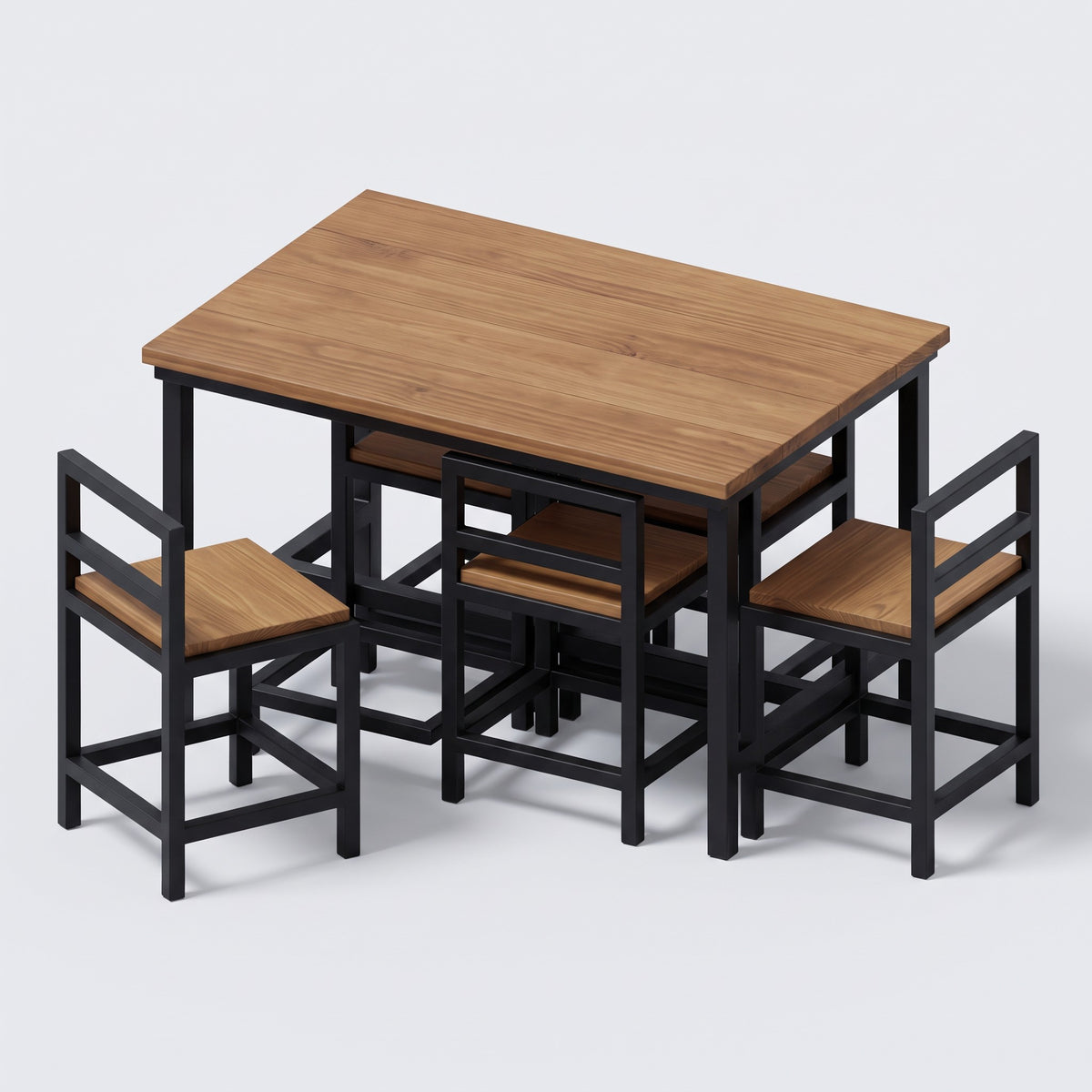Las cuatro sillas cúbicas de acero y madera junto a la mesa, listas para guardarse debajo