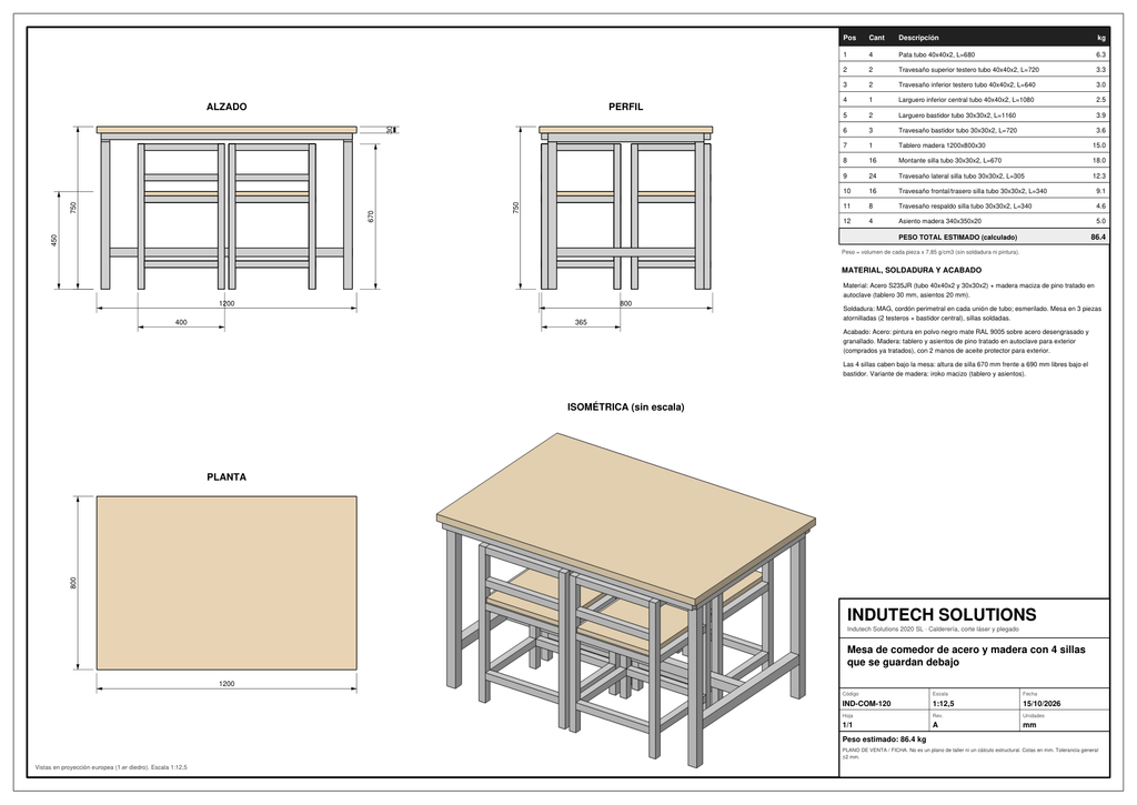 Plano con cotas: mesa de comedor con 4 sillas guardables