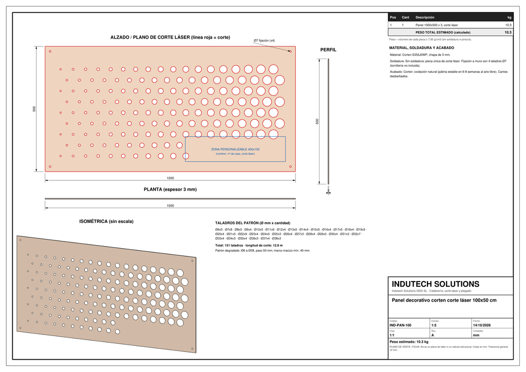 Plano con cotas: Panel decorativo de acero corten 100 x 50 cm, corte láser