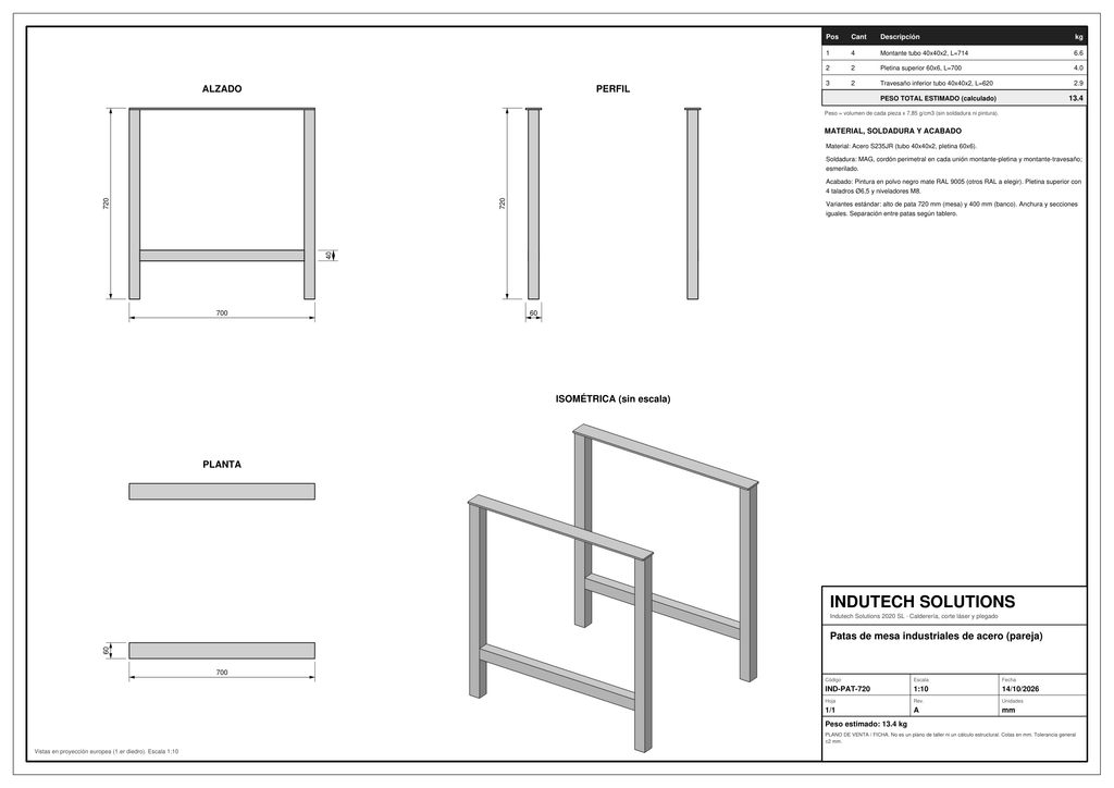 Plano con cotas: Patas de mesa industriales de acero (pareja)