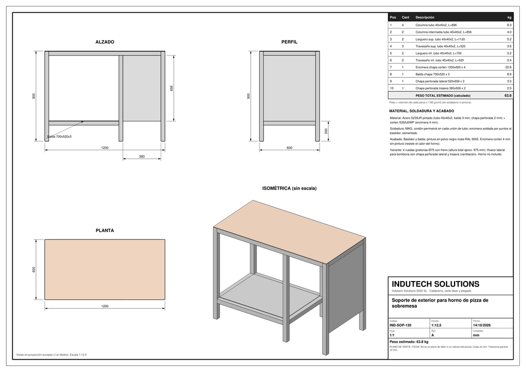 Plano con cotas: Soporte de acero para horno de pizza (horno no incluido)