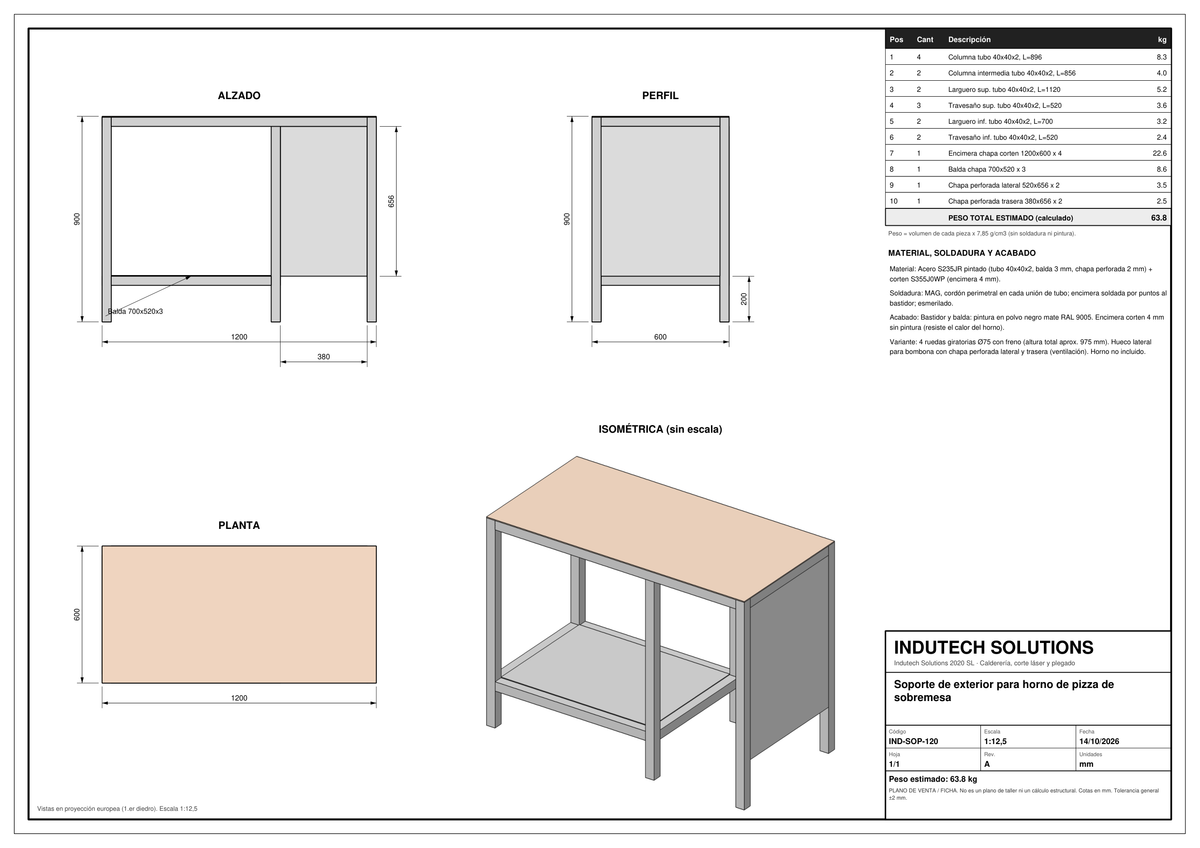 Plano con cotas: Soporte de acero para horno de pizza (horno no incluido)