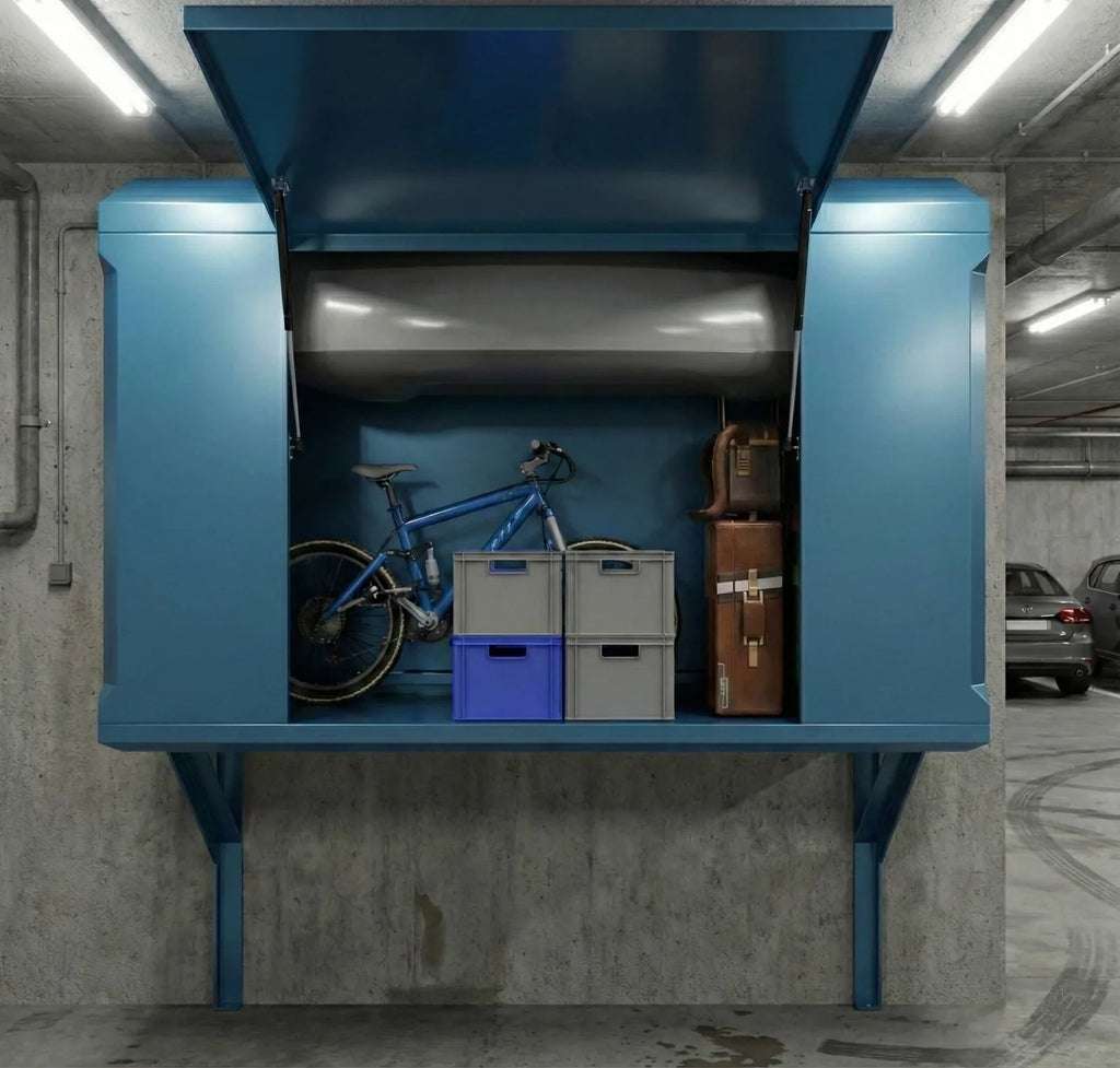 Recreación generada con IA: UpSpace abierto con bicicleta, cajas y maletas ordenadas. Imagen orientativa